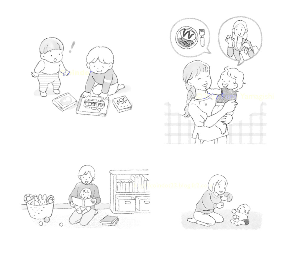 保育の場面を描いたモノクロイラスト4点。 左上は、床に絵本を並べている園児とそれを見てハッとしている園児、 右上は、保育士に抱かれた園児が母親や昼食のことを話しているところ、 左下は、保育士が膝に園児を乗せて絵本を読み聞かせしているところ、 右下は、保育士が園児に向かって「かいぐりかいぐり とっとの目」をやって見せているところ。