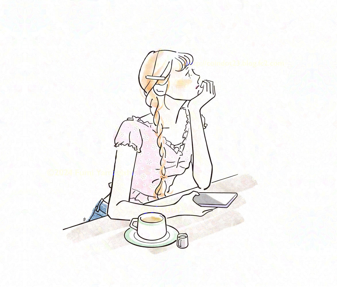 女の子のイラスト。フリル付きのパフスリーブのブラウスを着た長い三つ編みの女の子が、カフェのテーブルでスマホを片手に横を向いて頬杖をつき、思いに耽りながら遠くを見ている上半身のショット。