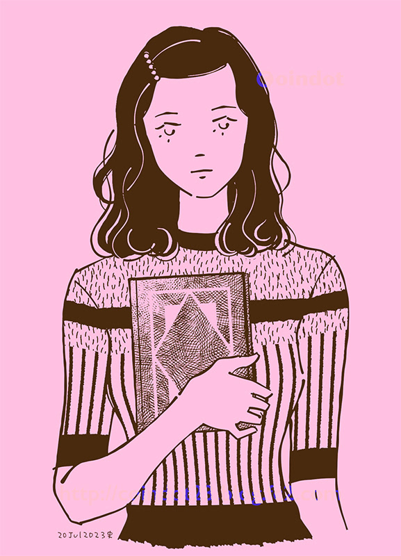 一つ下のイラストを、地がピンク、図が焦げ茶のモノクロに変えたもの。セミロングヘアの女の子が正面を向き本を胸に抱えている上半身のショット。