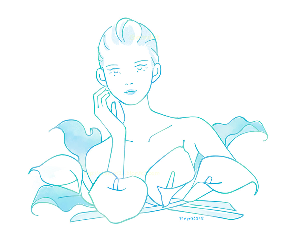 青い線のデジタルイラスト。正面を向いて右手を頰に当てた女性のバストショットにカラーの花と葉を合わせている