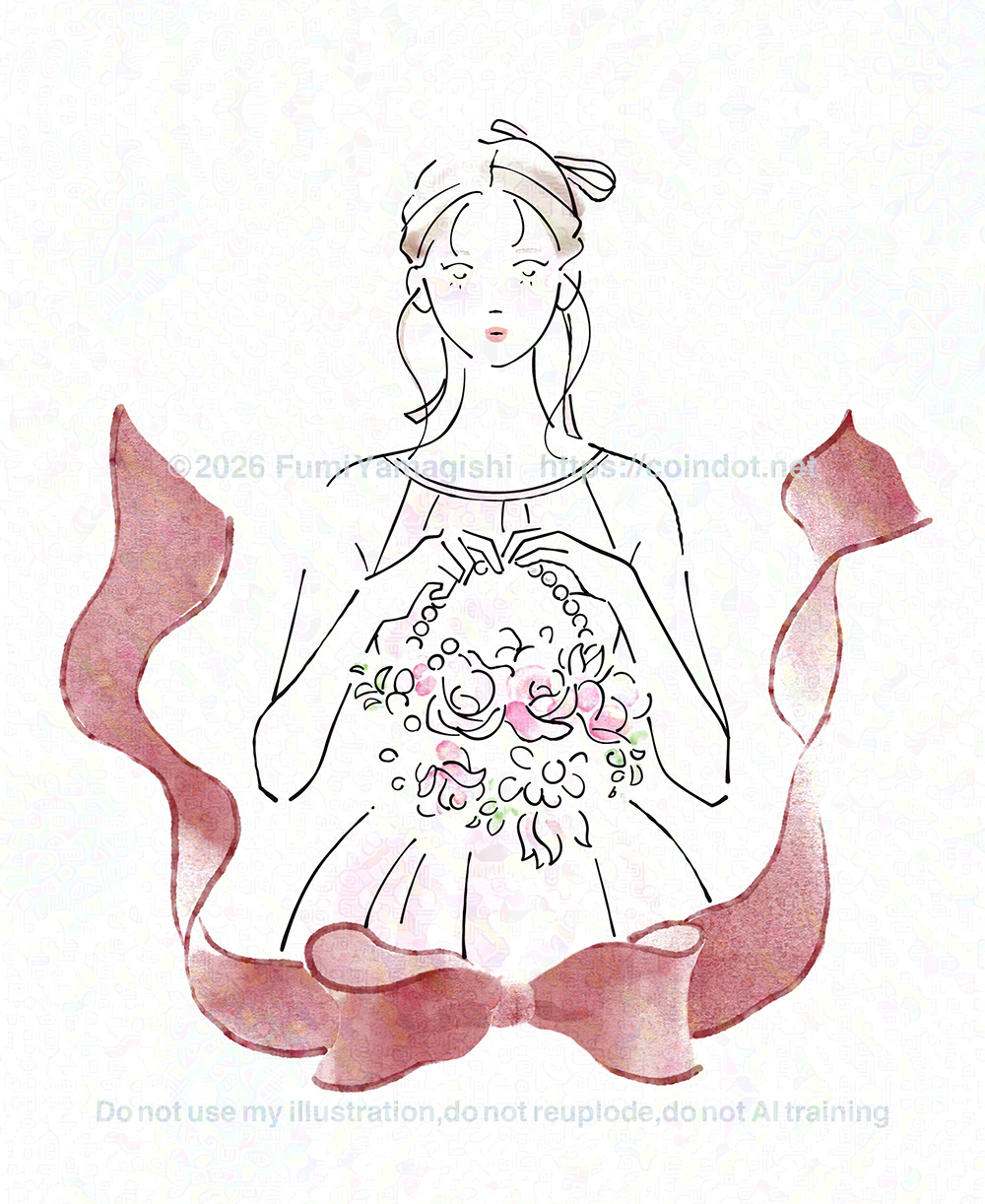 ドレスを着た女の子が、バッグのように持ち手を付けた形のブーケを胸の前で持っているイラスト。絵の装飾として、大きなリボンがフレームのように女の子を囲んでいる。