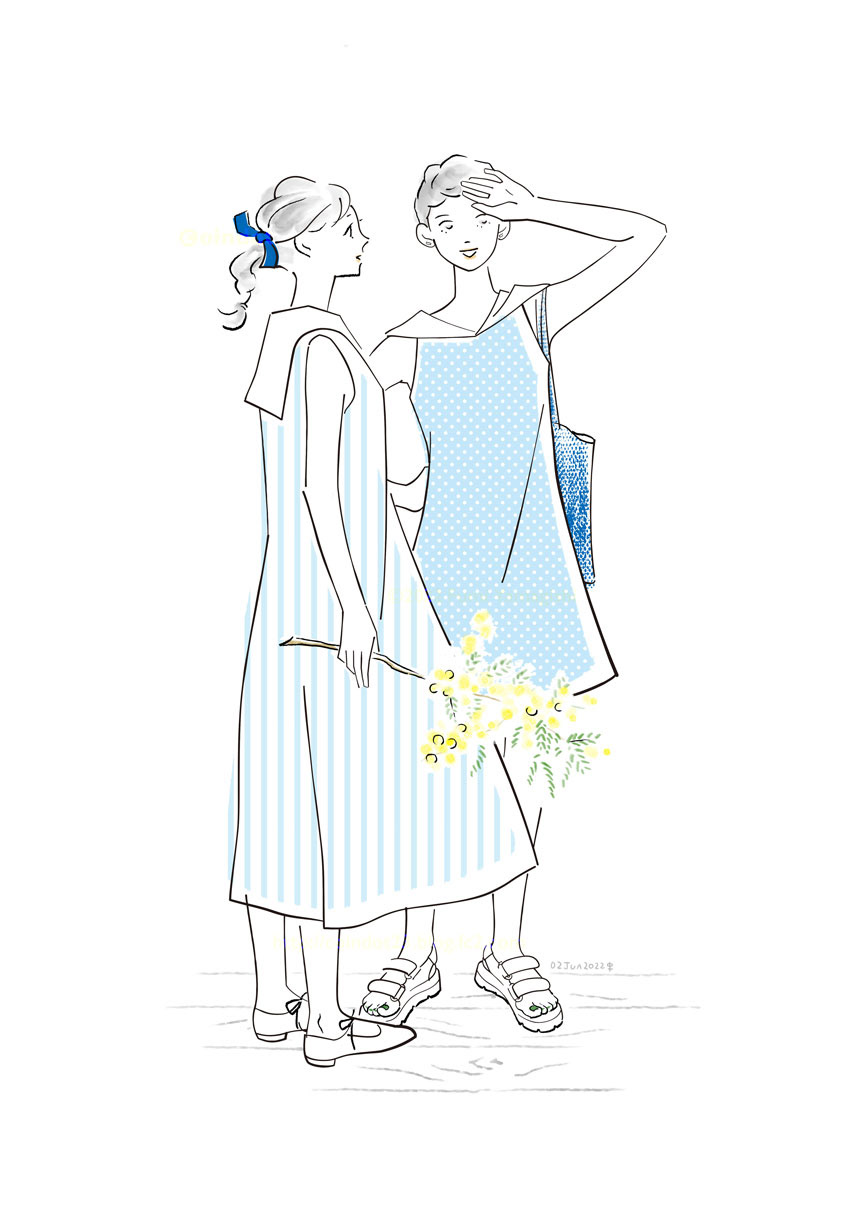 デジタルイラスト。セーラーカラーのワンピースの女の子二人が寄り添って経っている。左の子はストライプ模様のロング丈のワンピースで、向かって右を向き、右手にミモザの花の枝を持っている。右の子は細かいドット模様のミニ丈のワンピースで、正面を向き額に手をかざして左の子と同じ方向を見ている