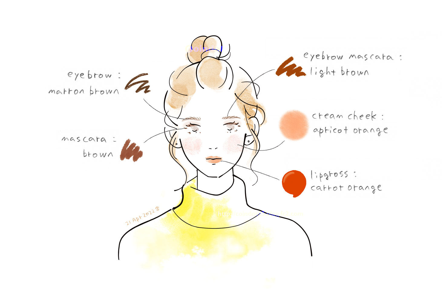 メイク図解イラスト。お団子ヘアの女の子の正面顔の周りにメイクアイテムが添書きされている。アイブロウはマロンブラウン、眉マスカラはライトブラウン、マスカラはブラウン、クリームチークはアプリコットオレンジ、リップグロスはキャロット・オレンジ。