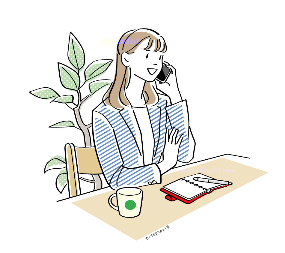テーブルの席に座りスマホで通話しているスーツ姿の若い女性のイラスト。背景に観葉植物、テーブルの上には開いた手帳とマグカップ。