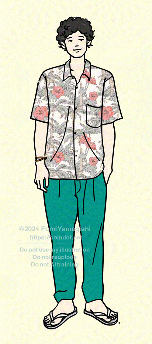 天然パーマの青年がリラックスした様子で正面向きで立っているイラスト。ポケットに手を入れ、南国植物の柄のアロハシャツ、レザー ブレスレット、エメラルドグリーンのパンツ、ビーチサンダルを着用。