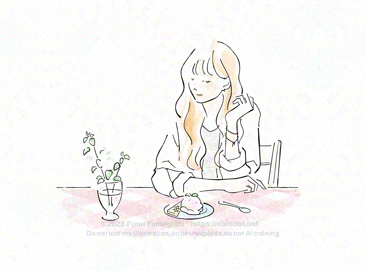 ロングヘアでそばかすの女の子がリラックスした様子でテーブルに肘をついている場面のイラスト。テーブルには赤いチェックのクロスがかかっており、女の子の前にはストロベリーのアイスクリーム、左側にはミントを生けたグラスが置いてある