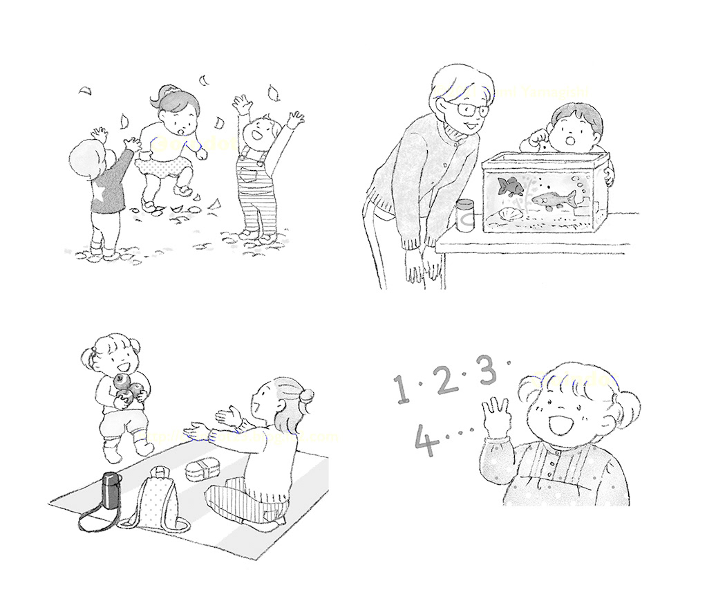 モノクロのカットイラスト4点。左上は、三人の園児が落ち葉を捕まえようとしたり踏みしめたりして遊んでいるところ。右上は、水槽の金魚に餌をやっている幼児を園長が見守っているところ。左下は、レジャーシートに座った保育士のところへ、園児がリンゴを持って来ているところ。右下は、園児が指を折って数を数えているところ。