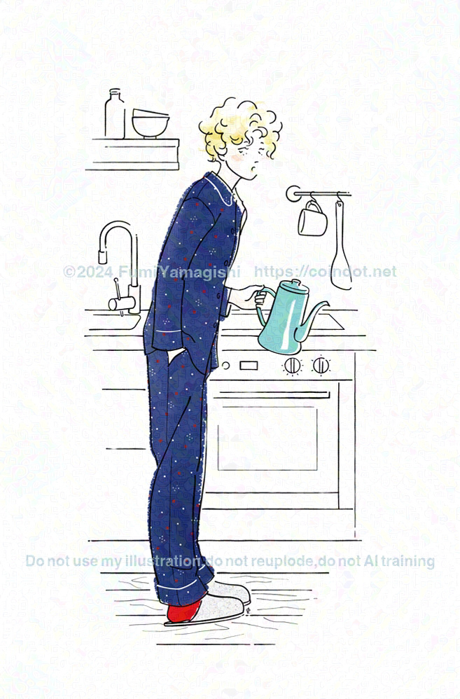 パジャマ姿の女の子がキッチンに立っているのを横から見た全身のイラスト。琺瑯のポットを持ち片手をポケットに入れ、こちらを見ている。