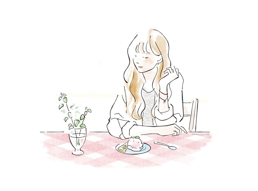 ロングヘアでそばかすの女の子がリラックスした様子でテーブルに肘をついている場面のイラスト。テーブルには赤いチェックのクロスがかかっており、女の子の前にはストロベリーのアイスクリーム、左側にはミントを生けたグラスが置いてある