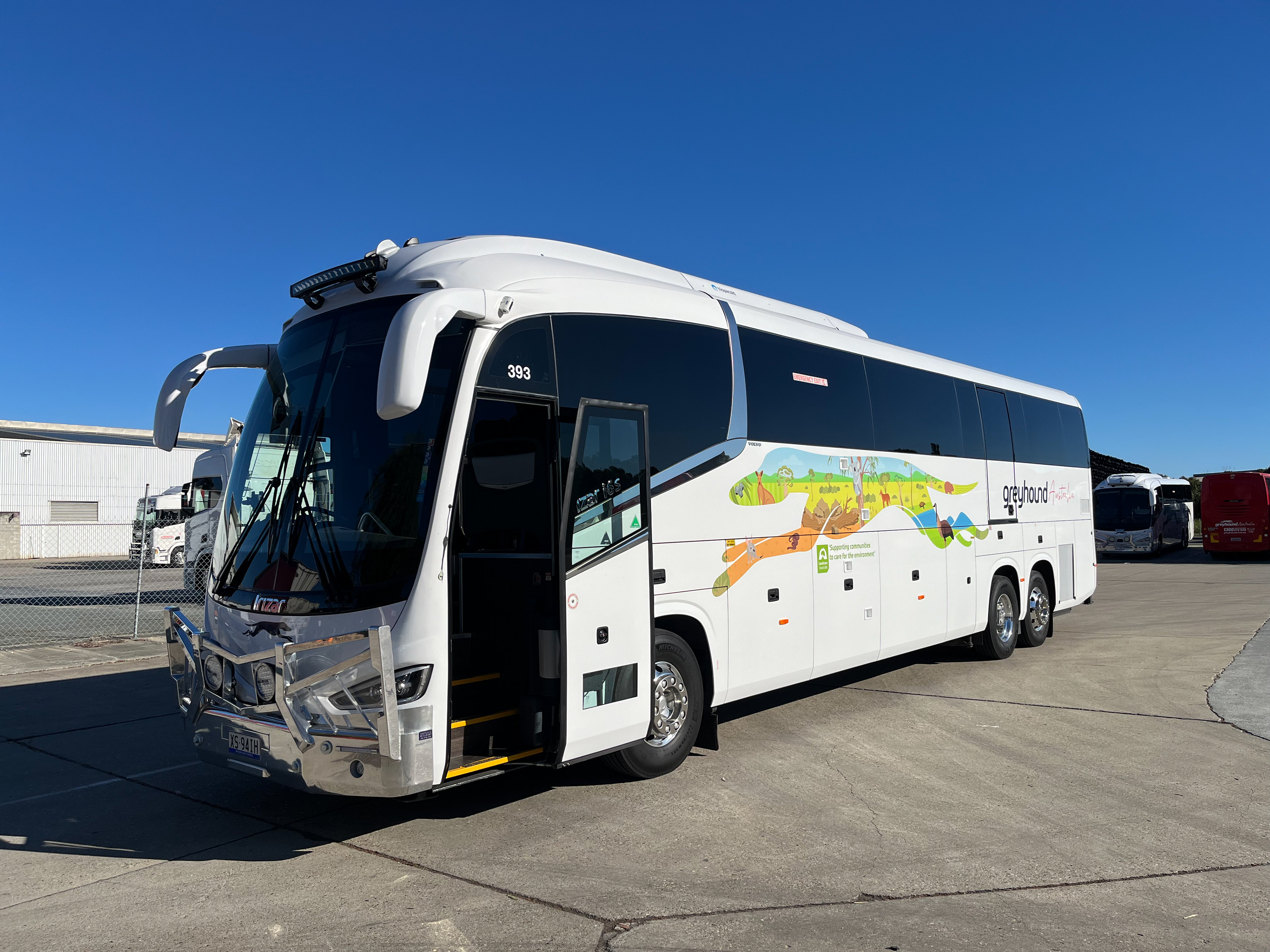 Front-left coach image of bushland themed livery