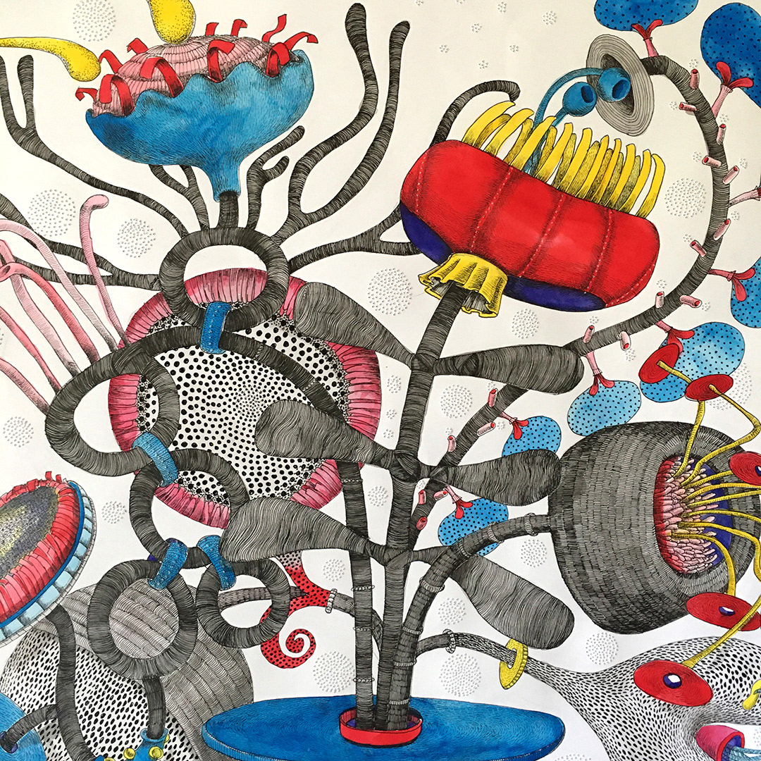Detail aus der Zeichnung „Seltsame Vase“, Carolin Memmler, Fineliner, Aquarellfarbe, Tusche, Blumen Abstraktion, Format A1