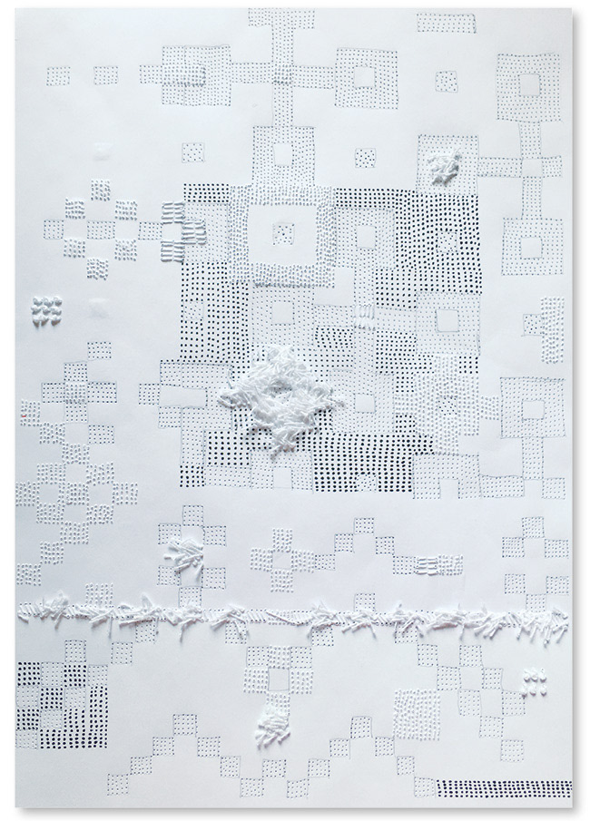 Monochromes Blatt mit Mustern durch Perforation, Punktstruktur mit Fineliner, mit weißer Stickerei
