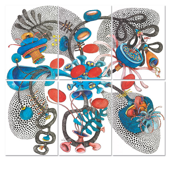 Einer kugeligen blauen Form mit Samenkapseln entspringen fantasievolle gewundene Formen, die Blättern und Blüten nachempfunden sind, farbenfrohe Zeichnung mit detailreichen Strukturen, Tusche, Aquarellfarbe und Stifte