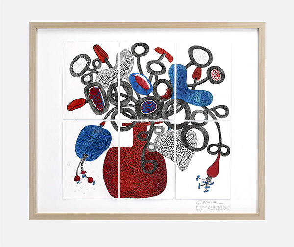 Abstrahierter Blumenstrauß in roter Vase, Zeichnung mit vielen Strukturen, Details mit Stickerei und Perforation, Schwarz, Rot und Blau