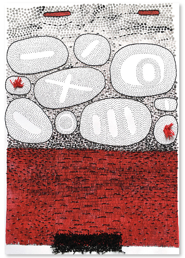 Zeichnung, oben graue Punktstruktur und Inseln mit Perforation, schwarze Konturen durch Stickerei, rote Fläche unten, strukturiert mit Fineliner und Stickerei in Schwarz