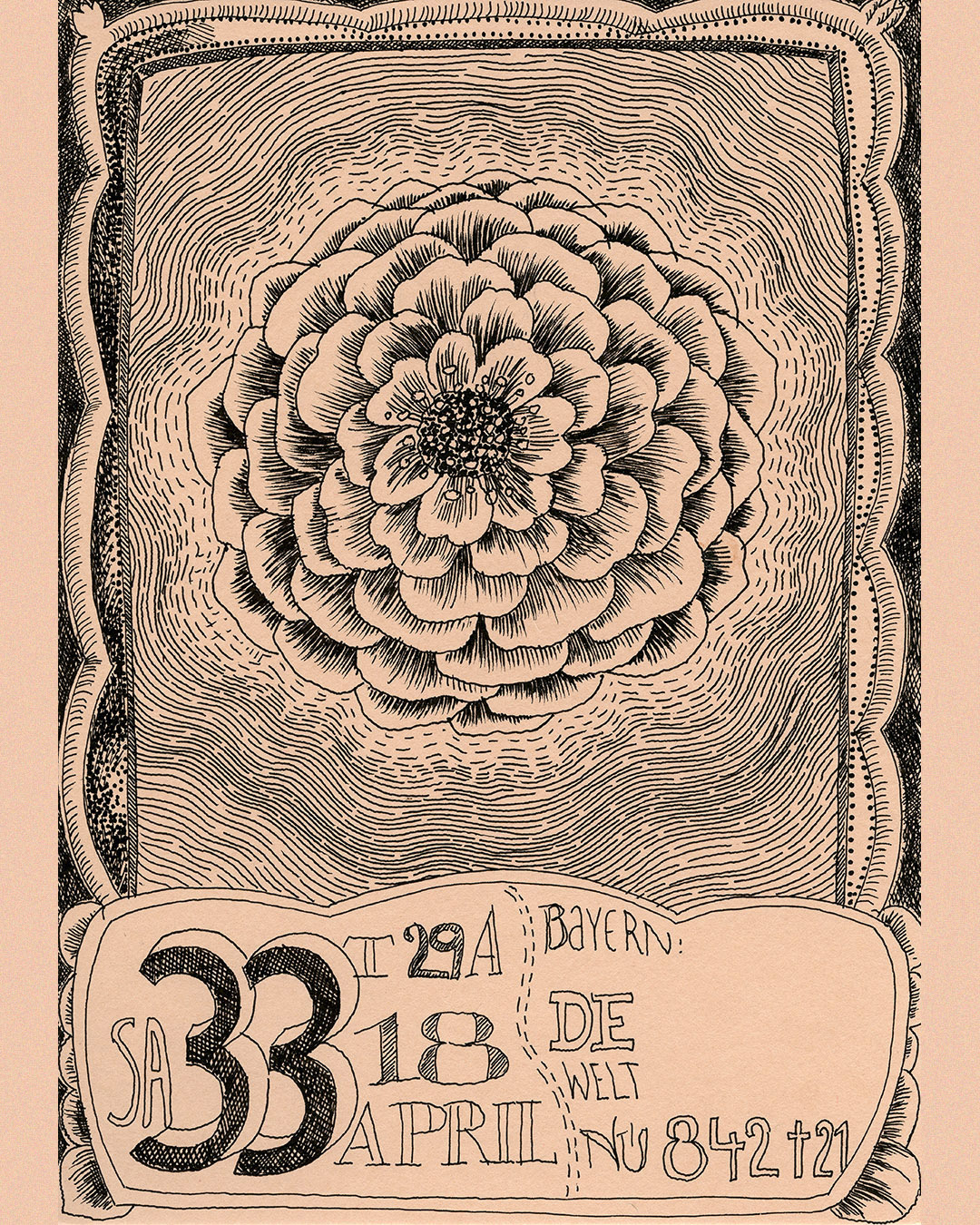 CORONABLÄTTER 33, mit Tusche gezeichnete Blüte, gezeichneter Rahmen, unten aktuelle Pandemiezahlen
