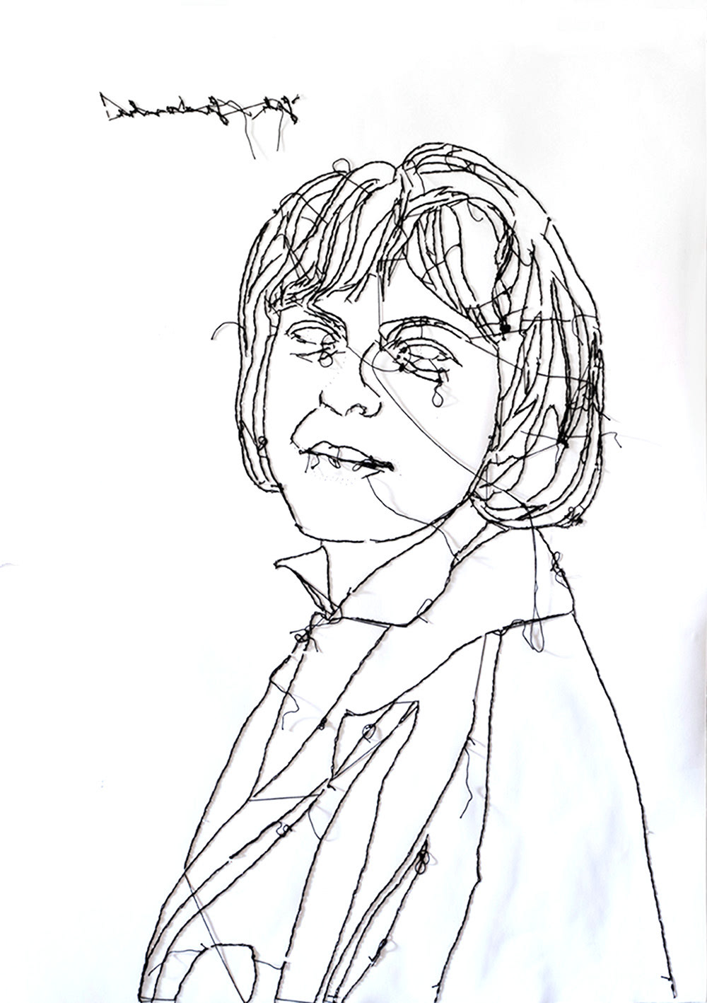 Porträt von Ingeborg Bachmann, RÜCKSEITE, schwarze Tusche, Stickerei, Perforation auf Papier, Format A1, Carolin Memmler