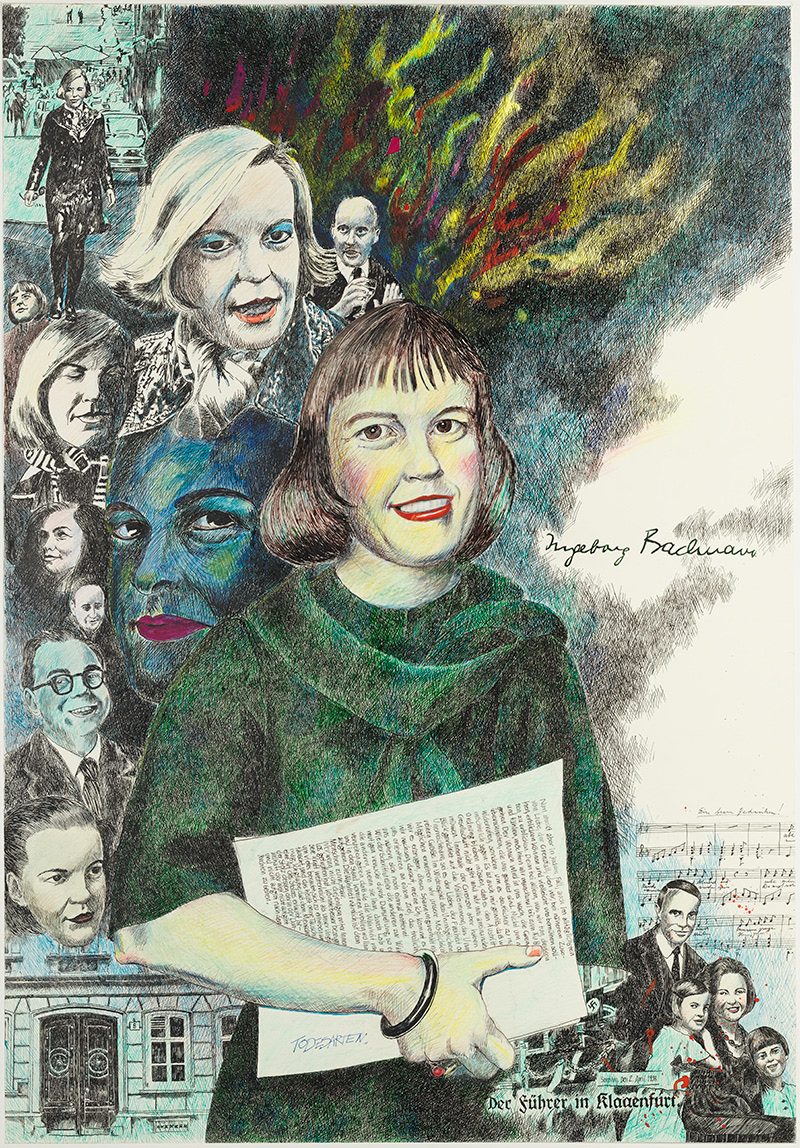 Zeichnung mit Farbstiften, schwarzer und farbiger Tusche von Ingeborg Bachmann in unterschiedlichen Lebensphasen, umgeben von für sie wichtigen Menschen, Textzeilen aus Todesartenzyklus
