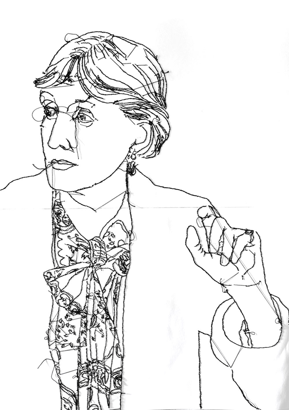 Porträt von Virginia Woolf, RÜCKSEITE, schwarze Tusche, Stickerei, Perforation auf Papier, Format A1, Carolin Memmler