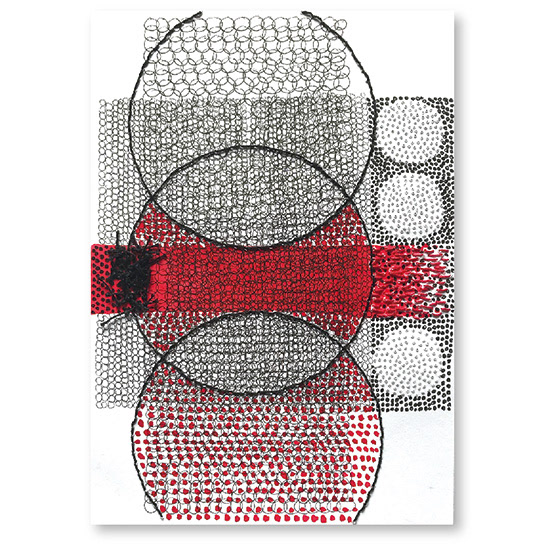 Kleinformatige Zeichnung, netzartige Strukturen, Fineliner, Aquarellfarbe rot, Perforation, Stickerei auf Papier, Carolin Memmler