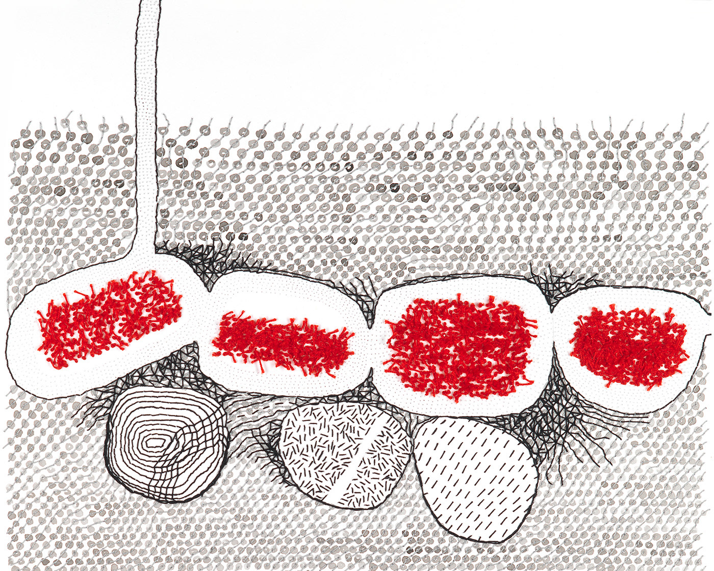 Ausschnitt aus „Vernetzungen“, Zeichnung mit schwarzer Tusche, Punktstrukturen, Perforation, Stickerei in Schwarz und Rot auf Papier, Carolin Memmler