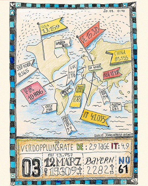 CORONABLÄTTER 03, Infektionszahlen weltweit, Zeichnung Weltkarte, Tuschestift, Farbstifte, Aquarellfarbe, Zahlen zur Pandemie