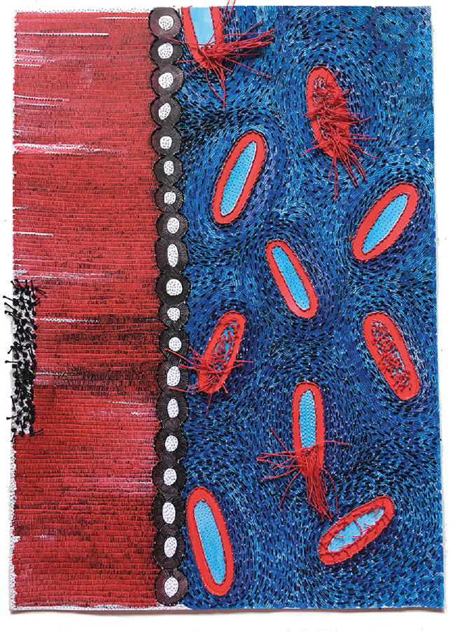 Zeichnung aus der Serie „Inseln", Elliptische Formen treiben auf fein strukturierten blauen Fläche, Tusche Aquarellfarbe, Blau, Rot, Schwarz, Fineliner, Stickerei, Perforation, Format A3, Carolin Memmler