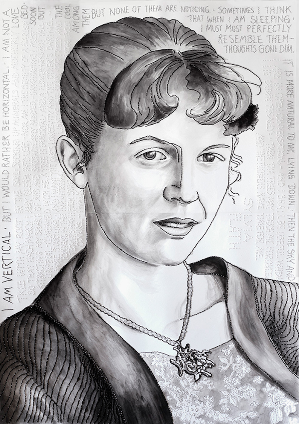 Porträt von Sylvia Plath, schwarze Tusche, Stickerei, Perforation auf Papier, Format A1, Carolin Memmler