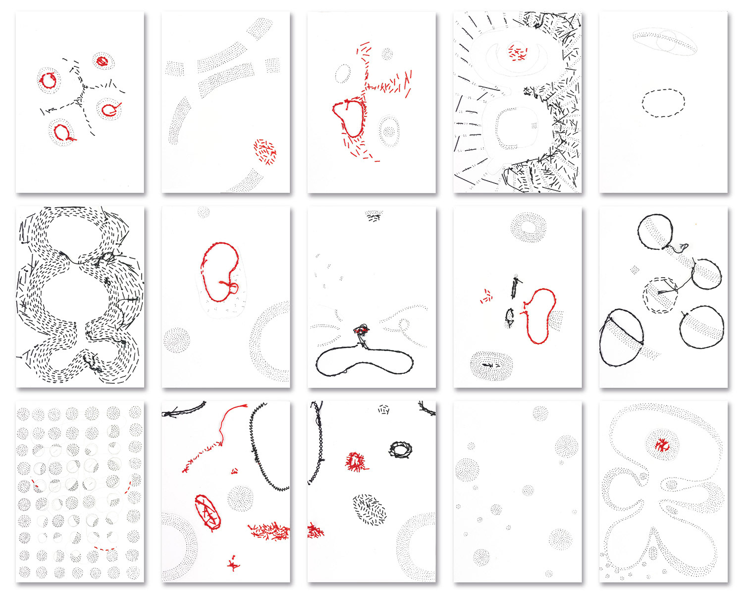 Rückseiten von drei Reihen von je fünf Blättern der Reihe „Kleine Zeichen“, Perforation, Stickerei auf Papier, jeweils A5