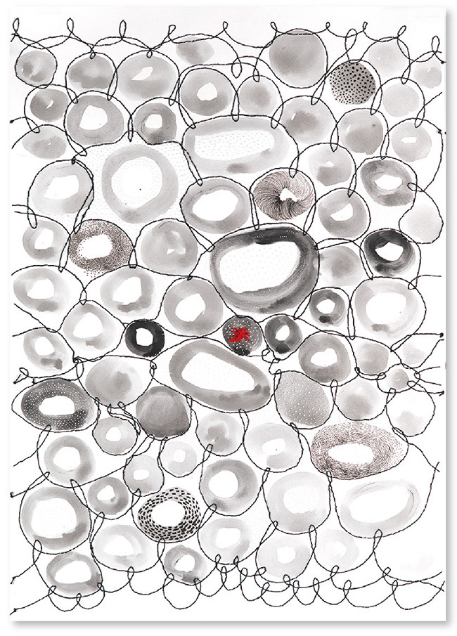 Zeichnung, Punktstruktur mit schwarzer Tusche, Perforation, rote und schwarze Stickerei auf Papier, Format A2, Serie „Vernetzungen“, Carolin Memmler