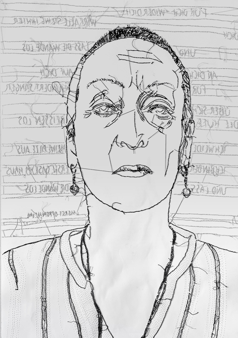 Porträt von Meret Oppenheim, Stickerei, Perforation auf Papier, Format A1, Rückseite mit hängenden Fäden, Carolin Memmler
