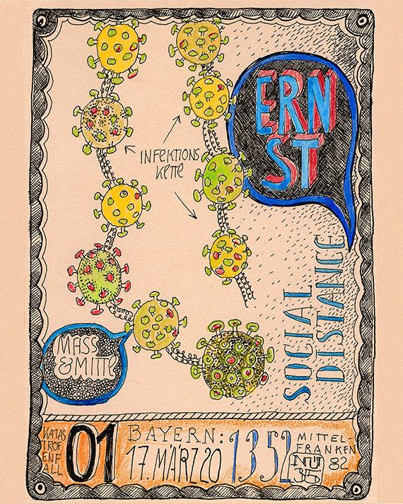 CORONABLÄTTER 01, Stilisierte „Infektionskette“, Zeichnung 17. März 2020, Stift, Aquarellfarbe, Zahlen zur Pandemie