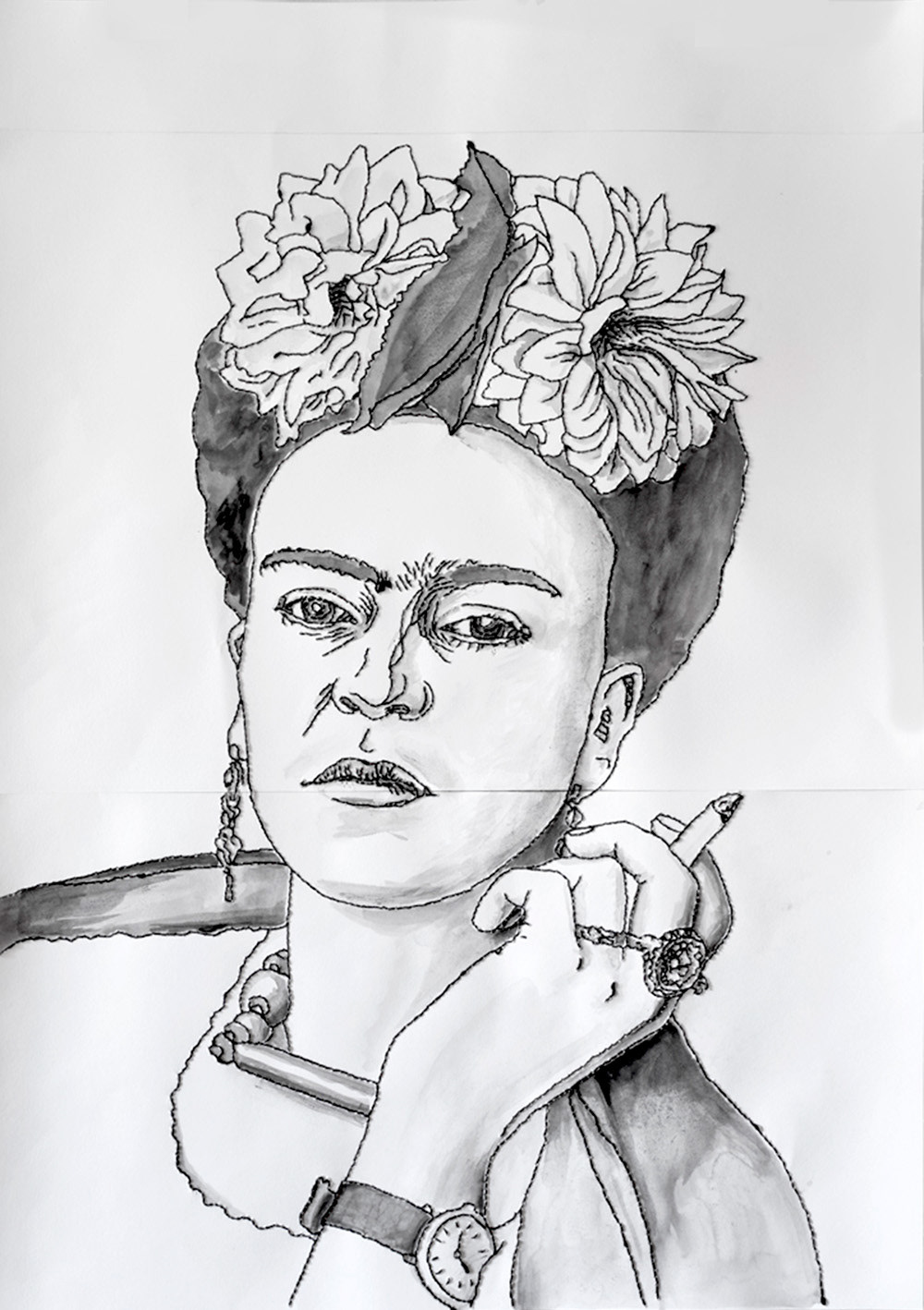 Porträt von Frida Kahlo, schwarze Tusche, Stickerei, Perforation auf Papier, Format A1, Carolin Memmler