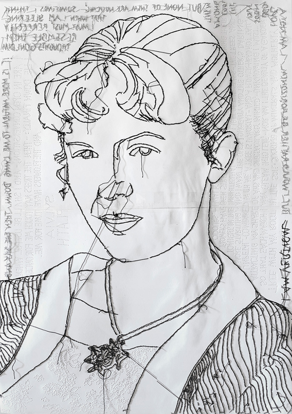 Porträt von Sylvia Plath, Stickerei, Perforation auf Papier, Format A1, Rückseite mit hängenden Fäden, Carolin Memmler