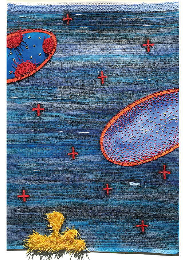 Zeichnung aus der Serie „Inseln", Inseln treiben auf fein strukturierten blauen Fläche, Tusche Aquarellfarbe, Blau, Rot, Fineliner, Stickerei in Rot und Gelb, Perforation, Format A3, Carolin Memmler