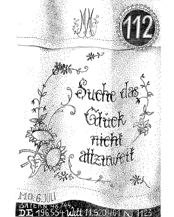 Tuschezeichnung von einem nostalgischen Vorhang mit der Stickerei „Suche das Glück nicht allzuweit“, unten die aktuellen Pandemiezahlen