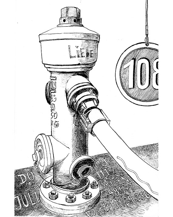Tuschezeichnung von einem Hydranten, auf den das Wort „Liebe“ aufgedruckt ist, auf dem Boden sind aktuelle Zahlen zur Pandemie abzulesen