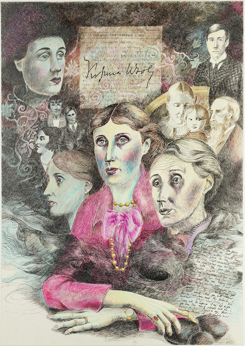Zeichnung mit Farbstift und farbiger Tusche von Virginia Woolf, umgeben von für sie wichtigen Menschen, im Hintergrund Textzeilen aus deren Werken, Wellen und Steine