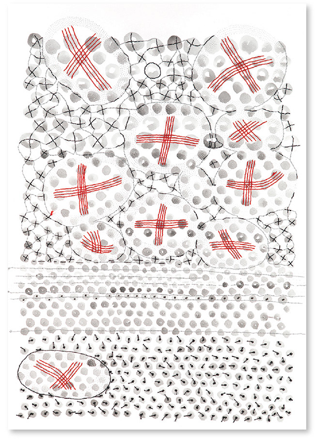 Zeichnung, Punktstruktur mit schwarzer Tusche, Perforation, rote, schwarze und graue Stickerei auf Papier, Format A2, Serie „Vernetzungen“, Carolin Memmler
