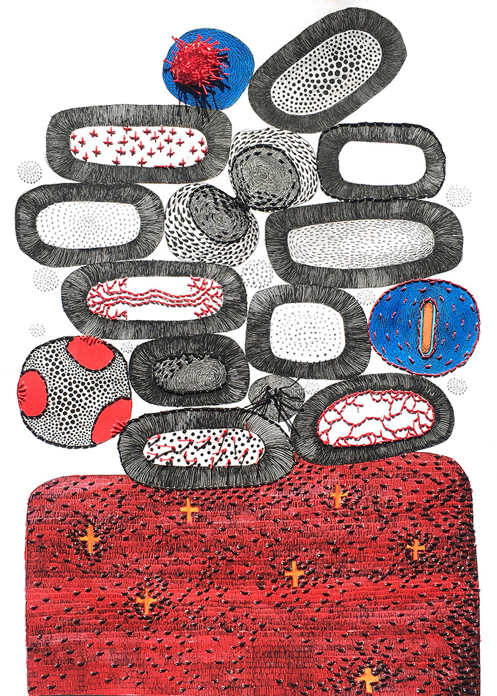 „Eine Art Blumenstrauß“, abstrakte Formen zu einer Art Strauß angeordnet, Schwarze Tusche, Aquarellfarben Rot und Blau, Finelinerzeichnung, Perforation und Stickerei, Format A3, Carolin Memmler
