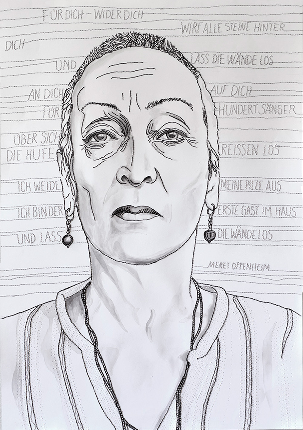 Porträt von Merkt Oppenheim, schwarze Tusche, Stickerei, Perforation auf Papier, Format A1, Carolin Memmler