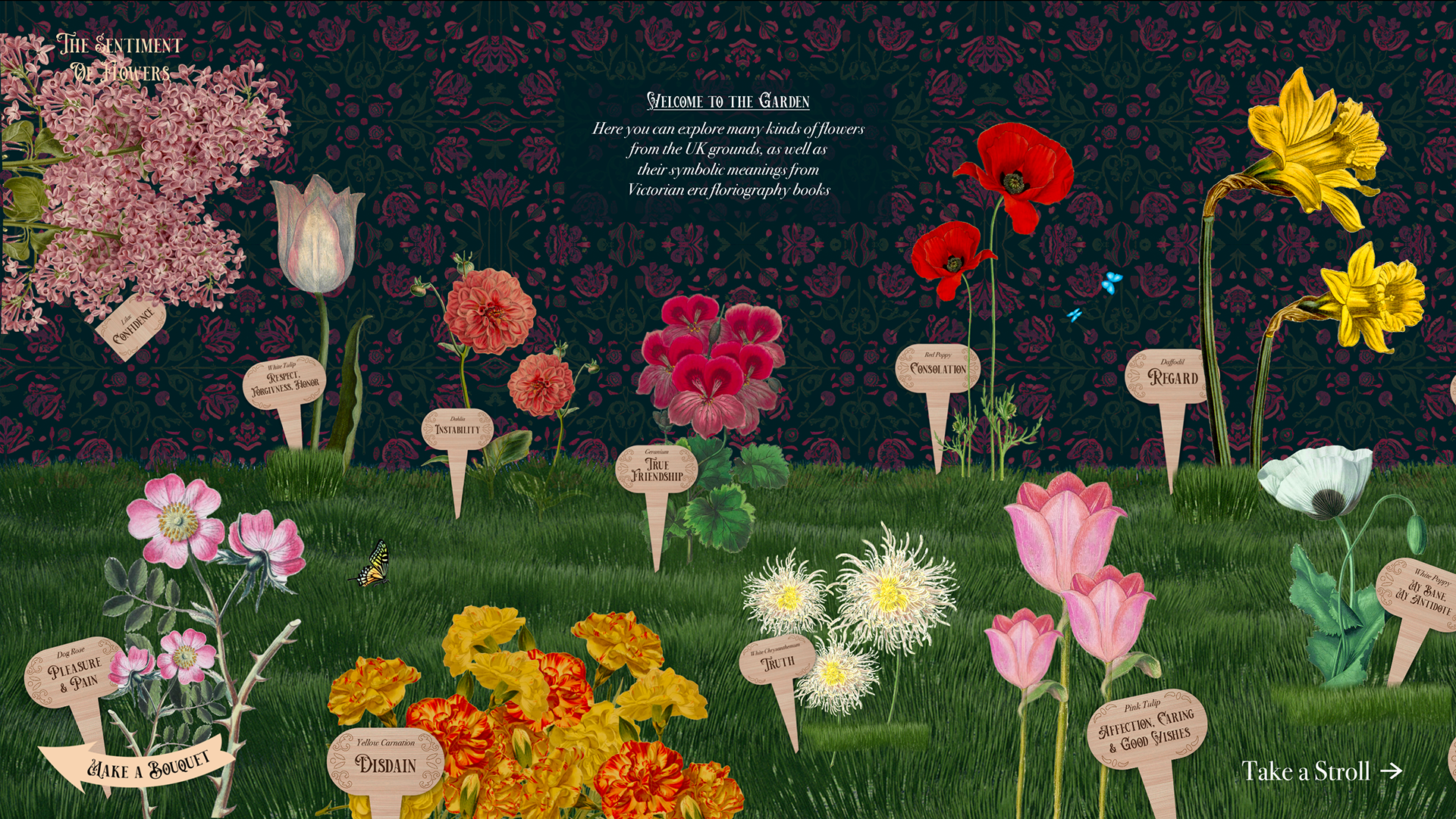 "Garden" of flowers and their floriography meanings
