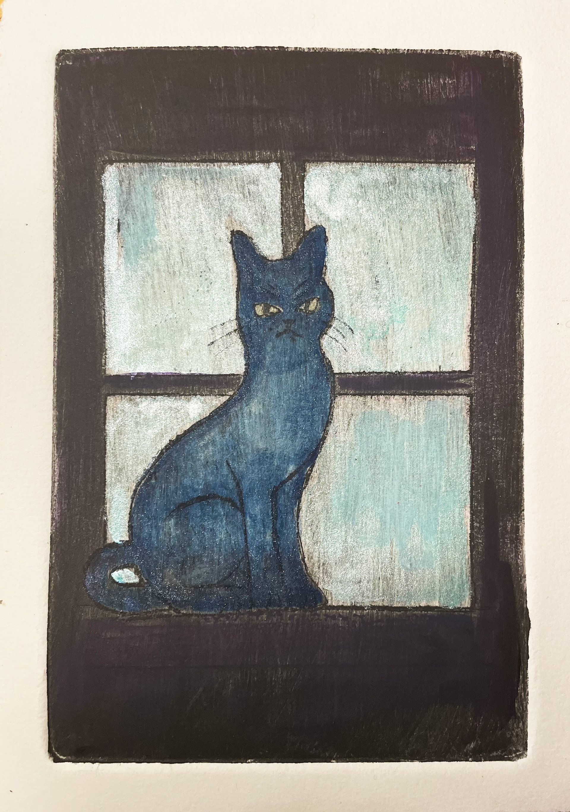 "Cat by Window" Aquatint & Watercolor in blue