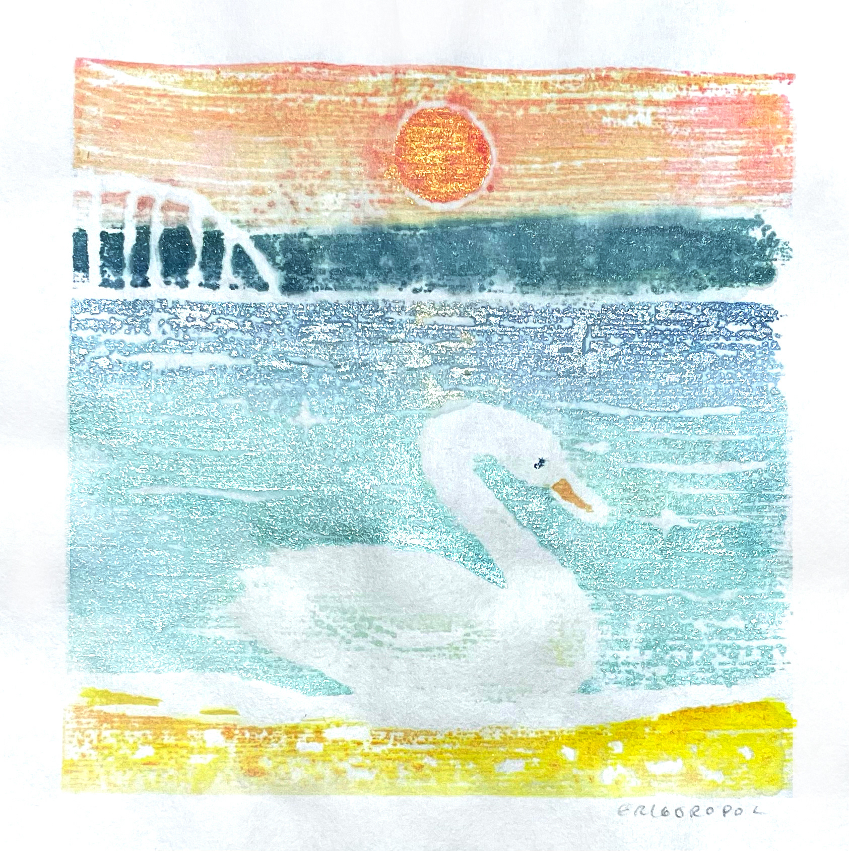 "Jersey Swan" White Line Woodblock Printing