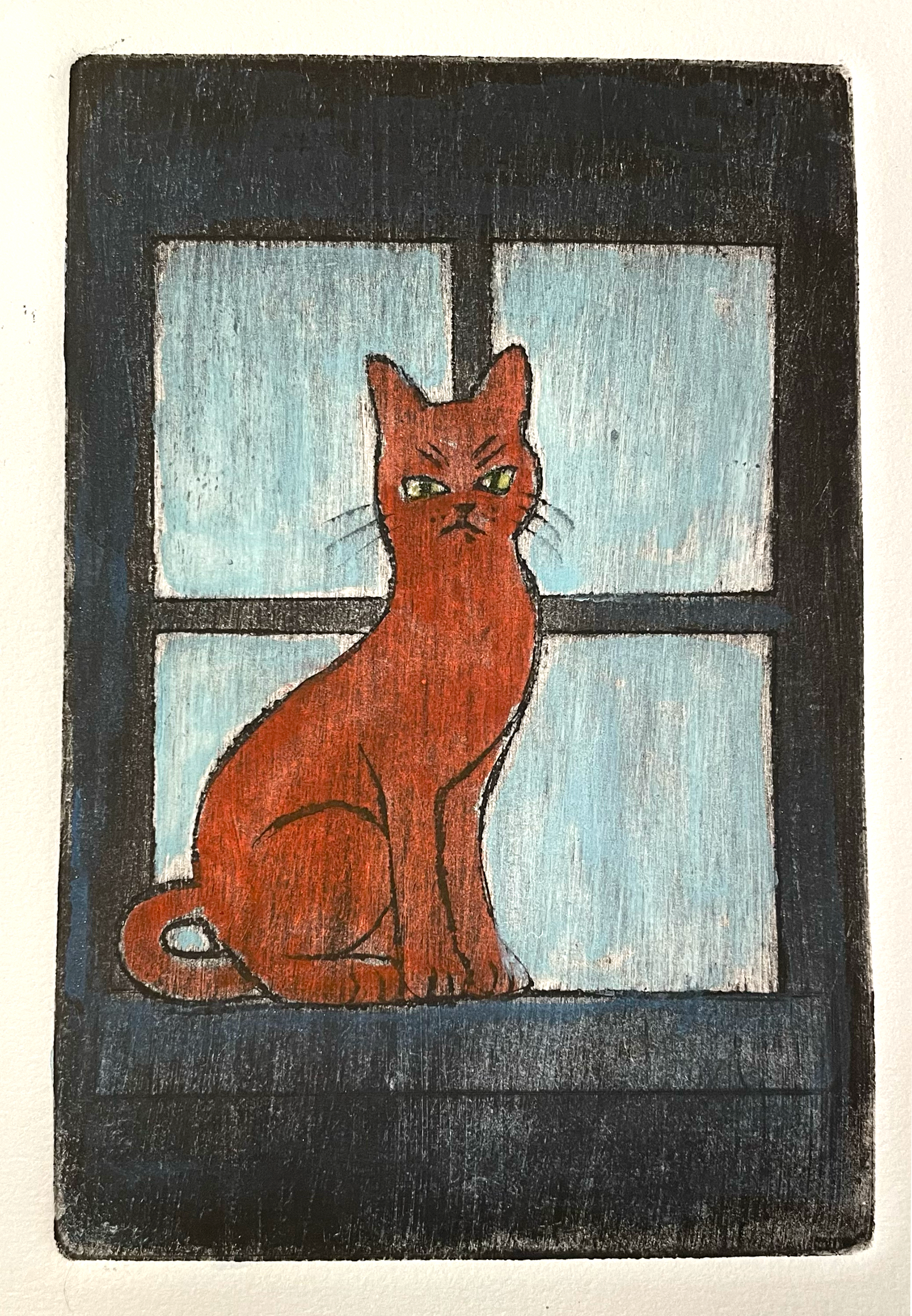 "Cat by Window" Aquatint & Watercolor in orange