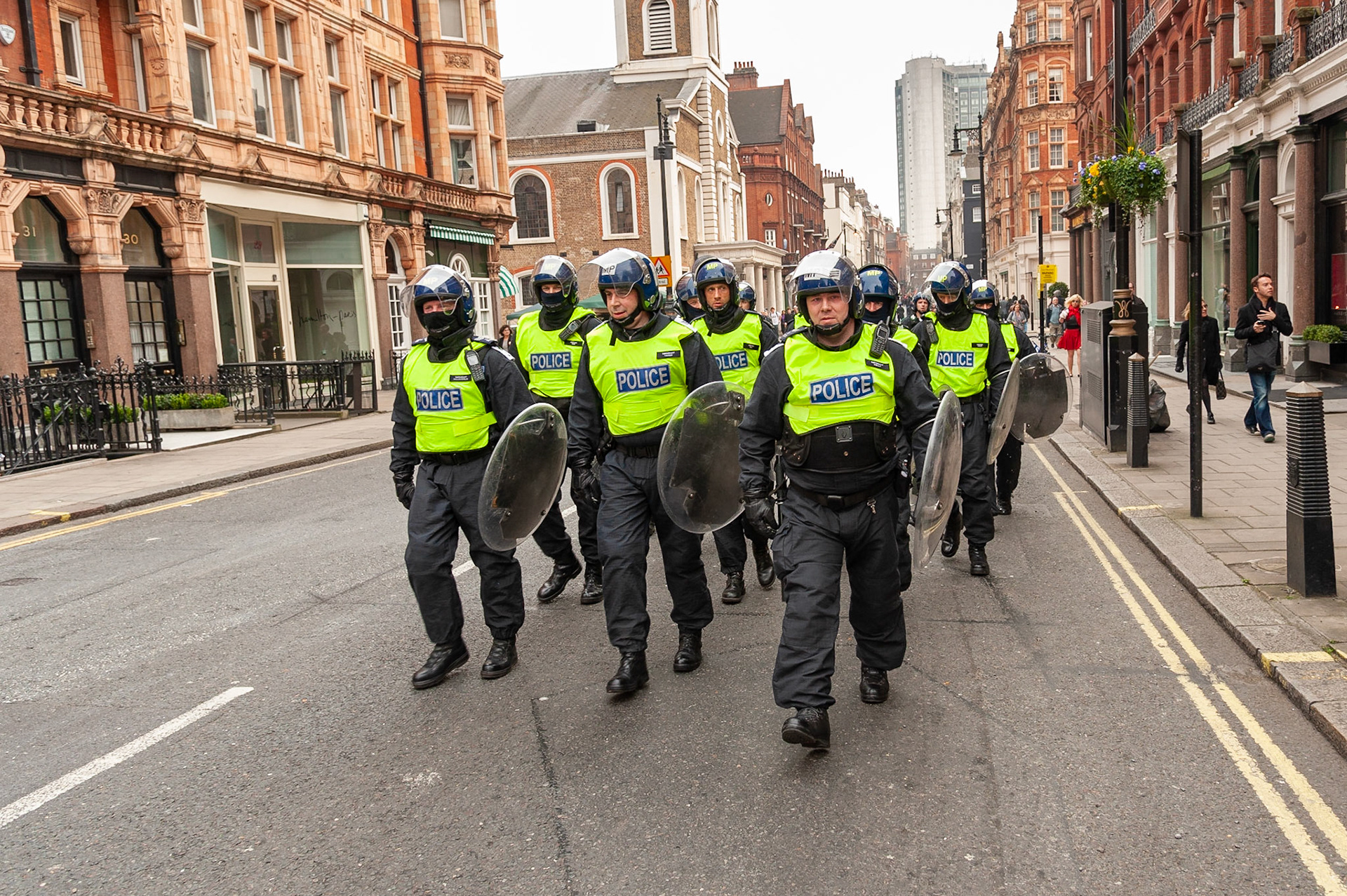 Riot police in Mayfair, London