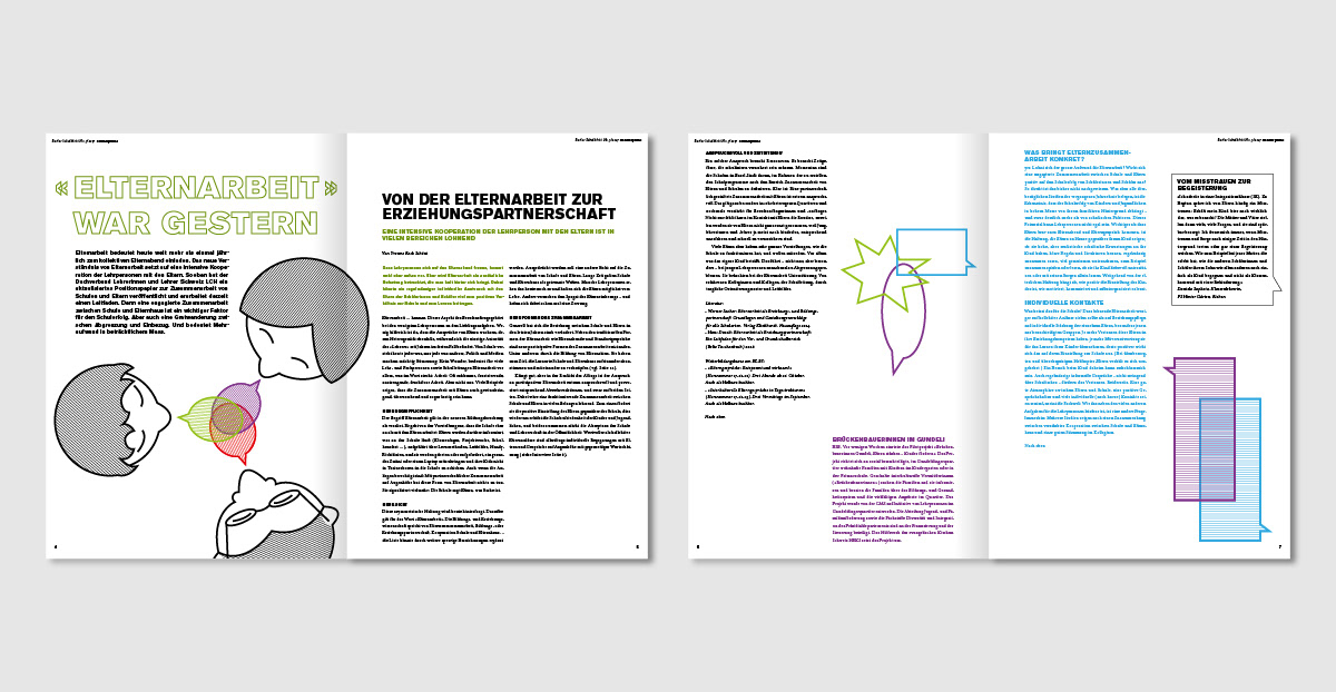 Editorial-Layout für das Basler Schulblatt mit illustrativen Sprechblasen und Typografie