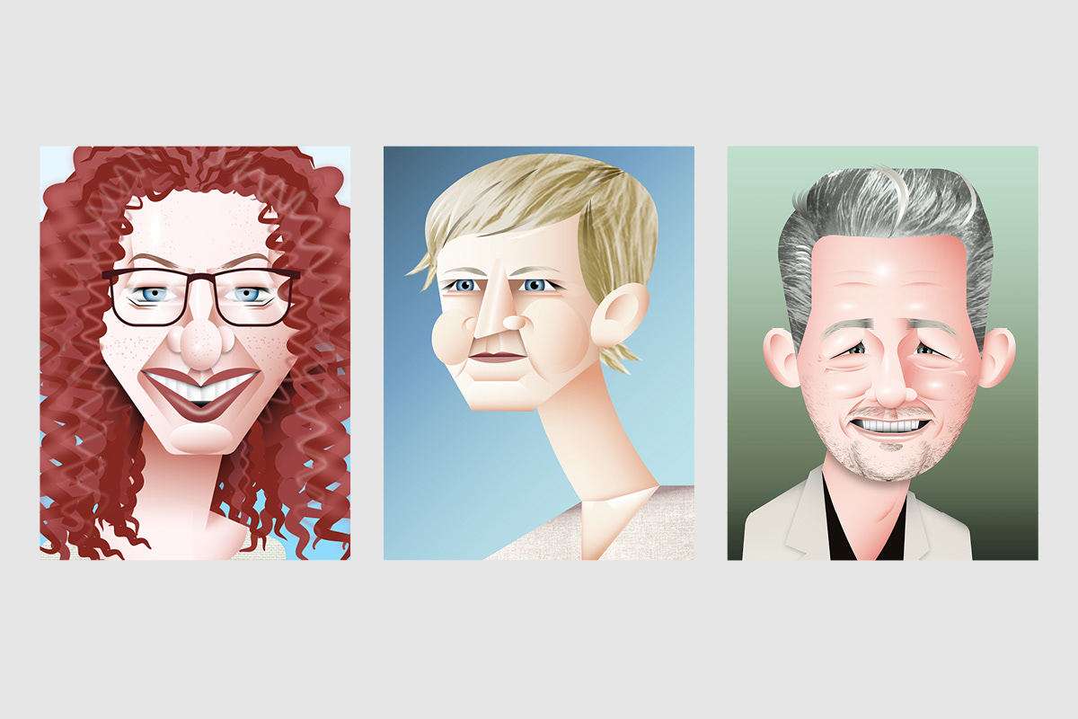Drei digitale Karikatur-Porträts mit überspitzten Gesichtszügen und ausdrucksstarker Typik