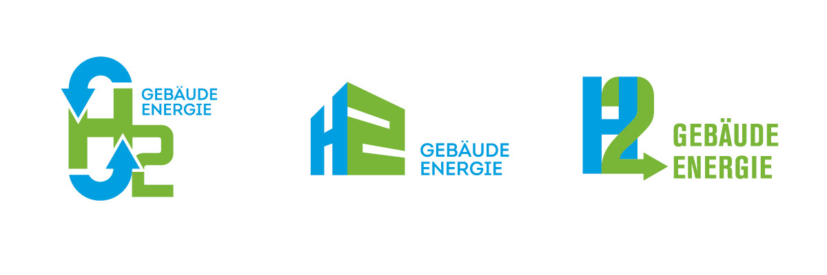 Drei Logo-Entwürfe für H2 Gebäude Energie in Blau und Grün mit Pfeilen und räumlicher Typografie