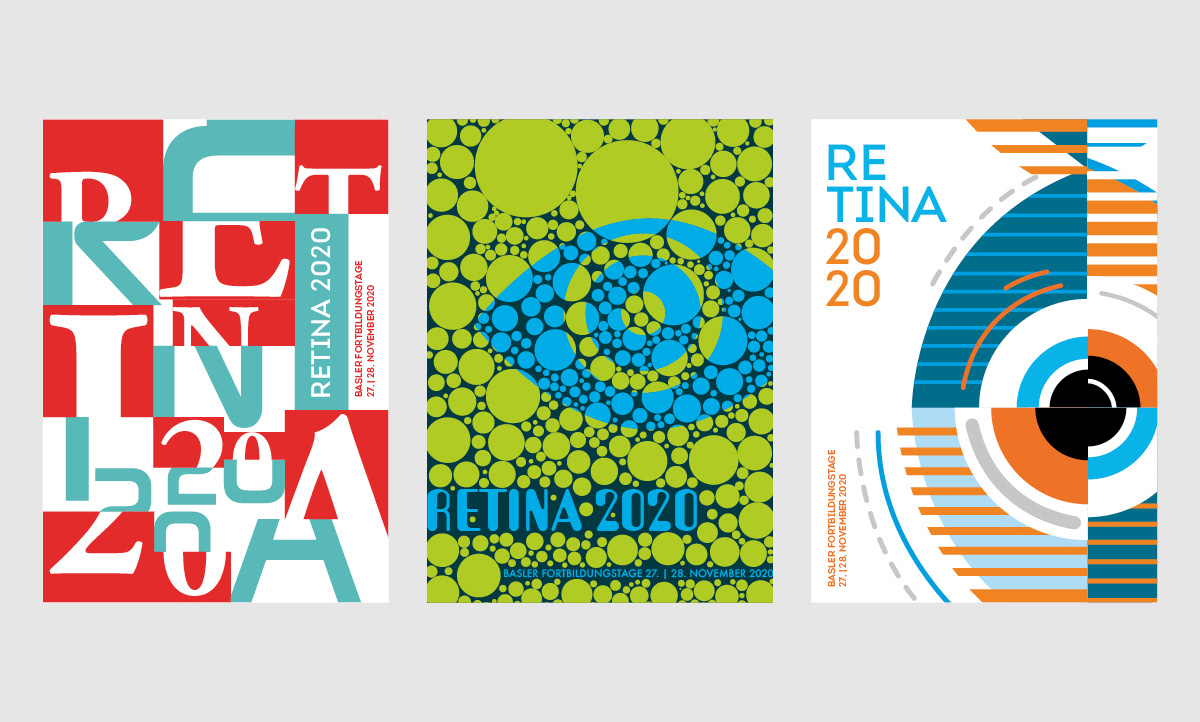 Drei typografische und abstrakte Plakatentwürfe für die Basler Fortbildungstage Retina 2020